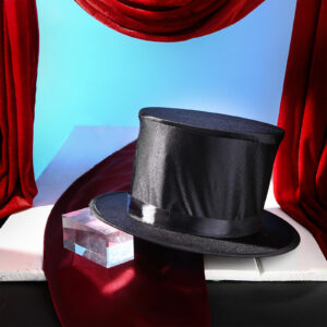 Chapeau noir de magicien posé sur une table blanche avec un foulard rouge et un prisme transparent. Derrière le fond est bleu et il y a des rideaux rouges sur les côtés.