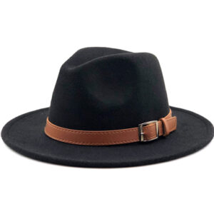 Chapeau borsalino noir avec un ceinture simili cuir marron