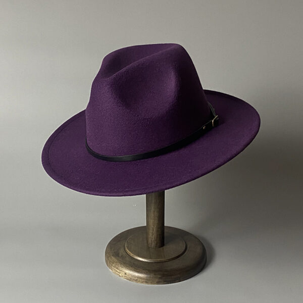 Photo d'un chapeau borsalino violet sur un porte chapeau