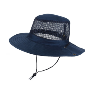 Chapeau de pêcheur en maille et à bord long bleu avec cordon de maintien.
