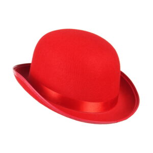 Chapeau melon rouge en polyester, avec ruban rouge, sur fond blanc