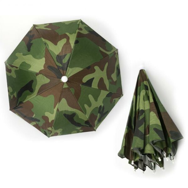 Chapeau parapluie militaire plié et déplié sur fond blanc.