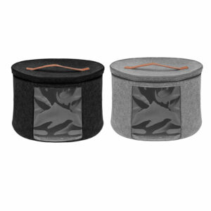 Deux boîtes à chapeau en feutre noire et grise avec une fenêtre.