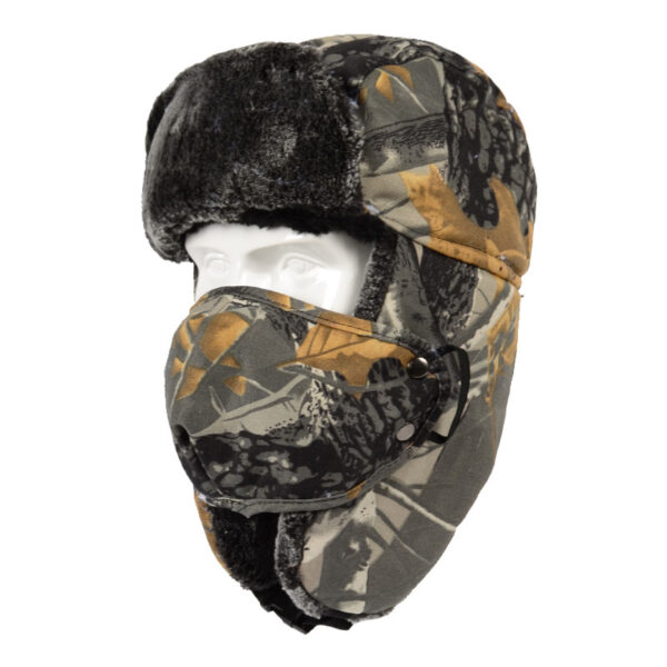 Chapeau de chasse chaud et coupe-vent vert et jaune avec fourrure sur le front et masque qui recouvre la bouche et le bas du visage.