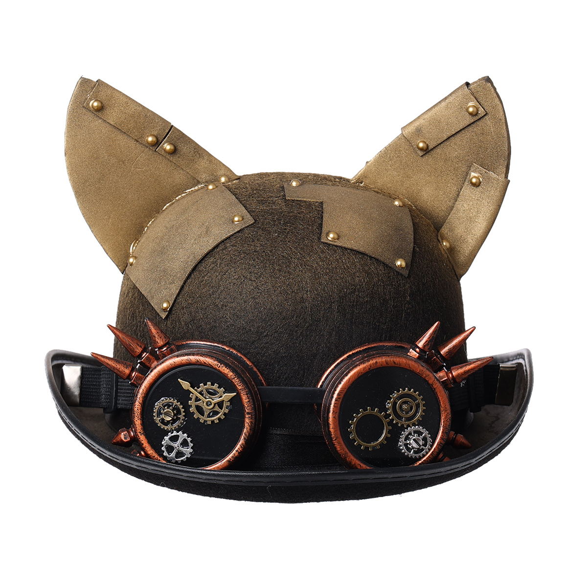 Chapeau melon avec des lunettes à piques et engrenages ainsi que des oreilles de chats pointues sur le dessus.
