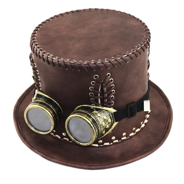 Chapeau marron haut de forme n cuir avec des lunettes doréees et noir autour.