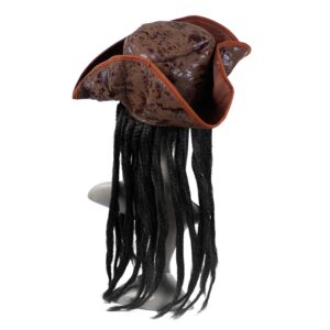 Chapeau marron tricorne et tresses de pirate de dos.