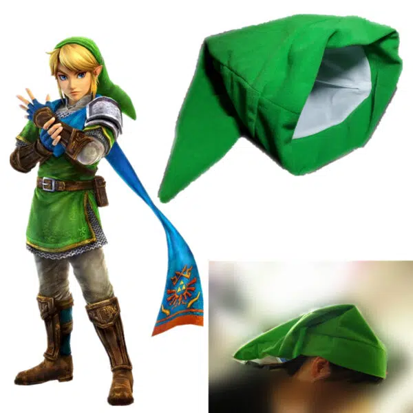 Chapeau de Link vu sous plusieurs angles et Link est dessiné sur la gauche. Le chapeau est vert et pointu.