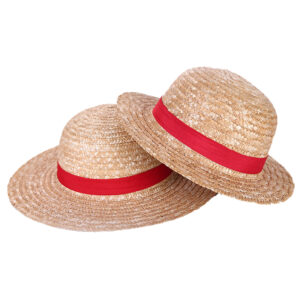 chapeaux de paille Luffy one piece, beige avec rubans rouge, sur fond blanc
