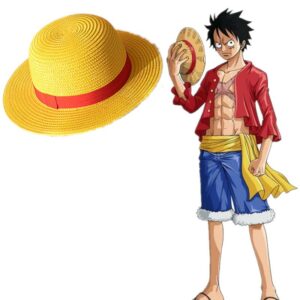 Chapeau de paille jaune et ruban rouge de Luffy one piece, avec image de luffy, sur fond blanc