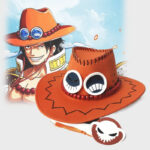 chapeau Ace one piece marron, avec une image du manga derrière