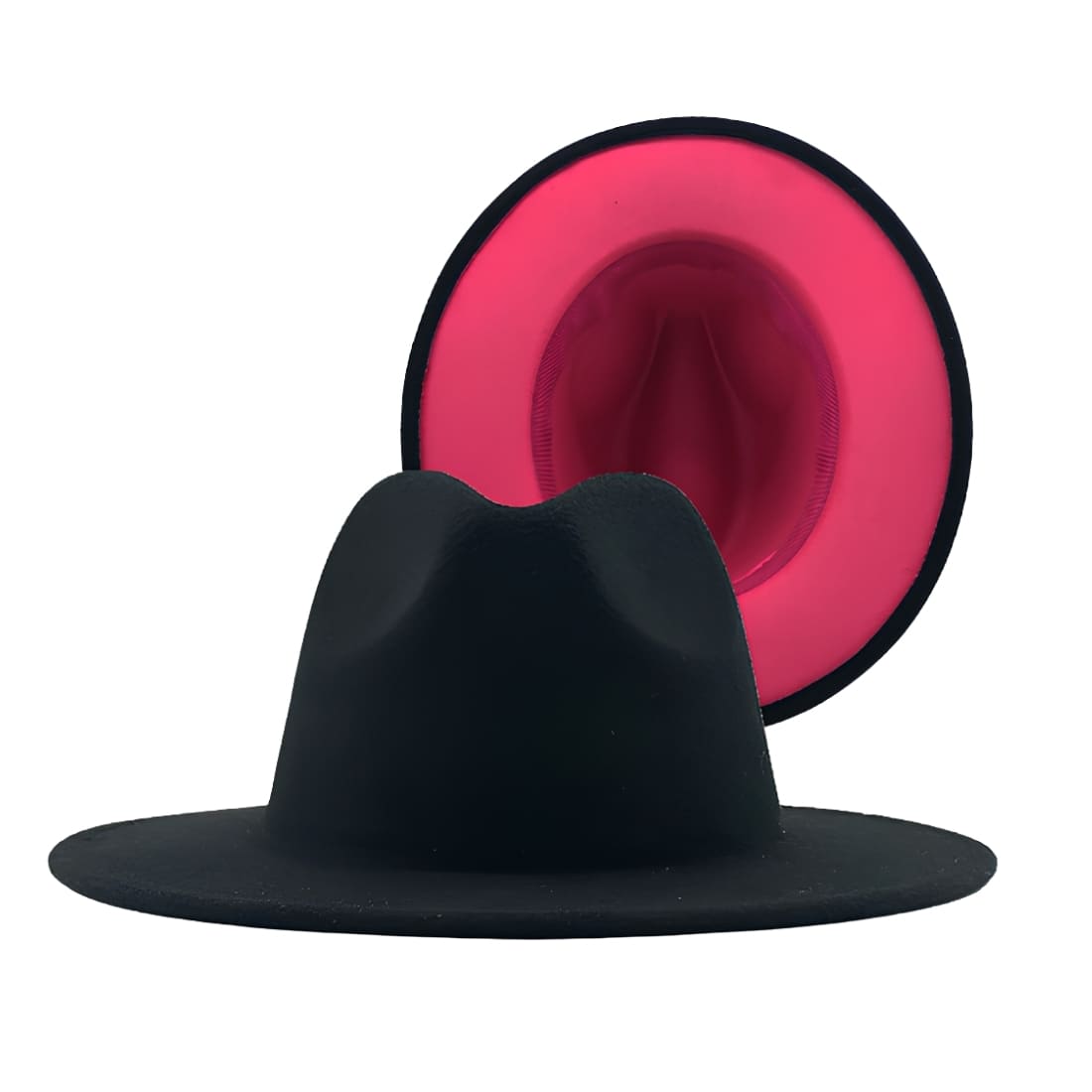 Chapeau borsalino bicolore avec l'extérieur noir et l'intérieur rouge sur fond blanc.