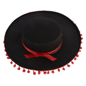 Magnifique chapeau Cordobes, typiquement espagnol : noir avec un ruban rouge et des pompons rouge qui pendent tout autour.