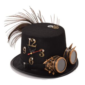 Chapeau steampunk noir avec horloge et plume, sur fond blanc