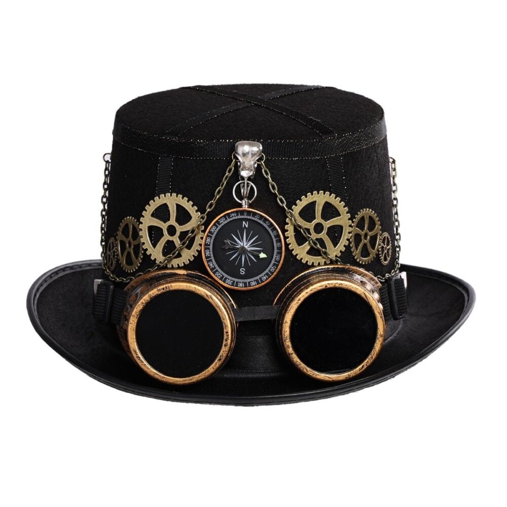 on voit sur un fond blanc un chapeau steampunk noir avec boussole