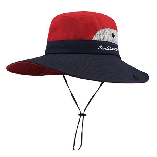 Chapeau de randonnée, rouge, noir et gris, avec cordon de serrage, pour femmes