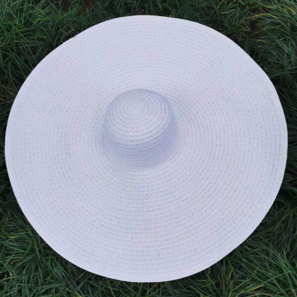 Chapeau capeline, à larges bords, en paille blanche, posé sur de l'herbe