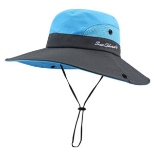 Chapeau de randonnée, bleu et gris, avec cordon de serrage, pour femmes