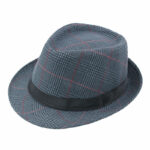 Chapeau italien, en coton bleu, vintage, à motif patte d'oie, et entouré d'un ruban noir