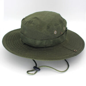 Chapeau aventurier vert kaki, avec cordon de serrage, à large bord, avec trous pour permettre de la respirabilité