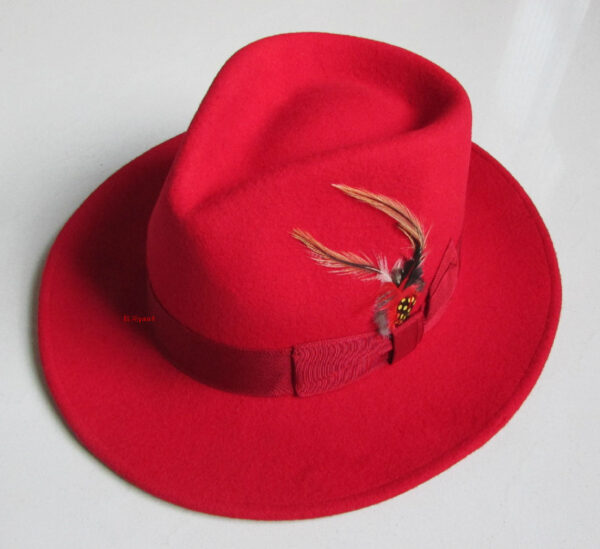 Chapeau Borsalino en feutre de laine rouge, entouré d'un ruban rouge et d'une plume de couleur noir