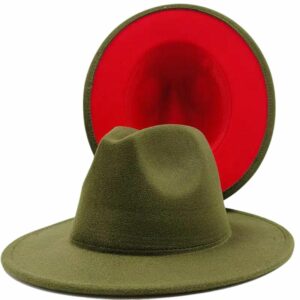 Chapeau fedora à large bord en feutre pour hommes et femmes, avec extérieur vert kaki et intérieur rouge sur fond blanc