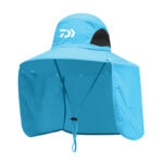 Chapeau anti UV, séchage rapide, pour la pêche, de couleur bleu avec un cordon de serrage, et une protection au niveau de la nuque