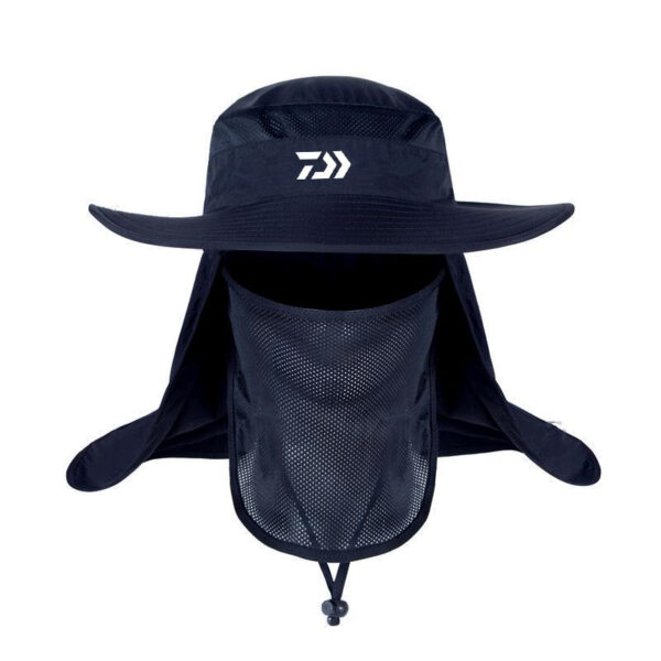 Chapeau anti UV, imperméable, bleu marine, pour la pêche, avec moustiquaire devant, cordon de serrage, et une collerette de protection