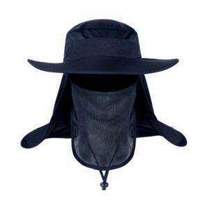 on voit sur un fond blanc un chapeau anti uv de couleur bleu marine avec un protège cou et visage