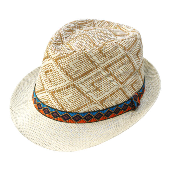 Chapeau panama en paille beige, à motif patte d'oie avec ruban coloré bleu et rouge