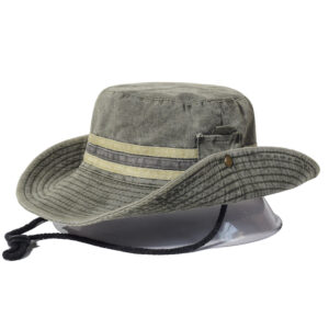 Chapeau de brousse à large bord, en coton vert kaki, pour la pêche et la randonnée, avec cordon de serrage noir