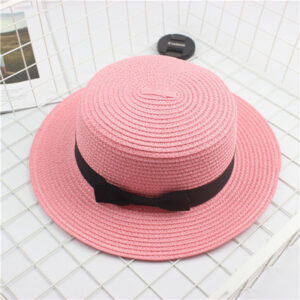 Chapeau panama rose, de plage avec nœud papillon noir pour filles entouré par un ruban noir