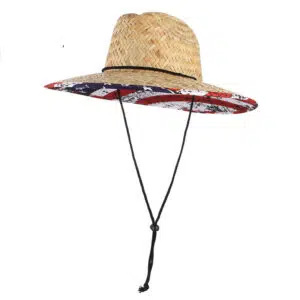 Chapeau surf avec design drapeau américain au dessous des bords vu de face