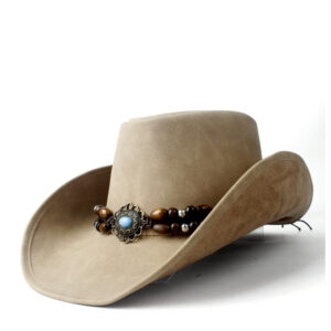 Chapeau western femme vintage en cuir beige présenté sur fond blanc