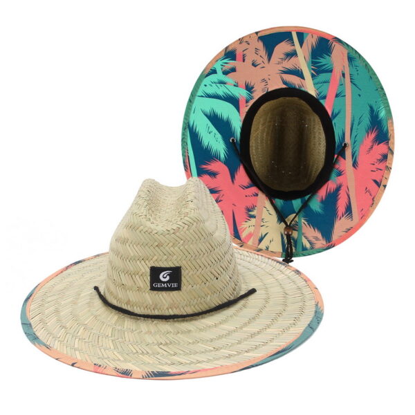 Chapeau de surf à larges bords avec motifs palmiers multicolores présenté vue de face puis de dessou sur fond blanc