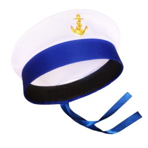 Chapeau marin traditionnel bleu et blanc avec ruban, présenté sur fond blanc