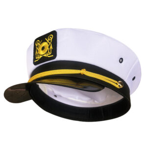 Chapeau marin brodé style capitaine de bateau présenté sur fond blanc