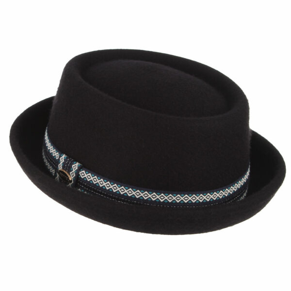Chapeau pork pie en laine unisexe de couleur noir, avec des motifs blancs