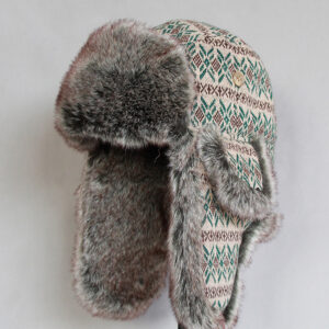 Chapeau russe unisexe d'hiver avec des motifs verts, marron et blancs et de la fourrure grise