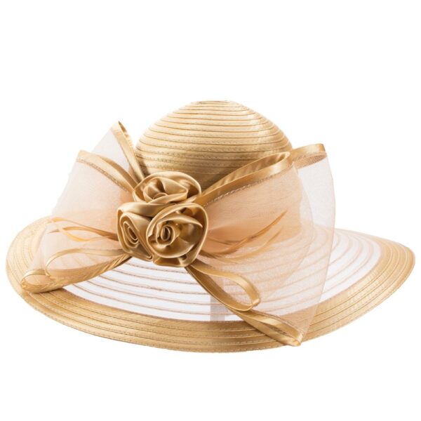 Chapeau catherinette à large bord doré avec noeud