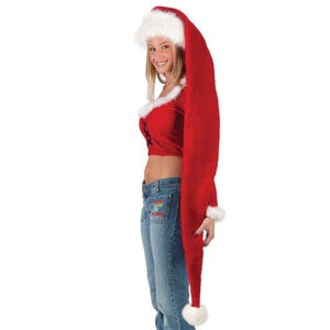 Chapeau de noël long en coton de couleur rouge et blanc porté par une femme