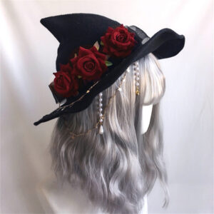 Chapeau halloween de sorcière avec couronne de fleurs de couleur rouge