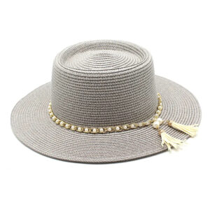 Chapeau canotier de paille avec perles de couleur gris