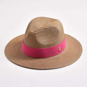 Chapeau Panama de couleur bicolore en paille beige avec bandeau rose