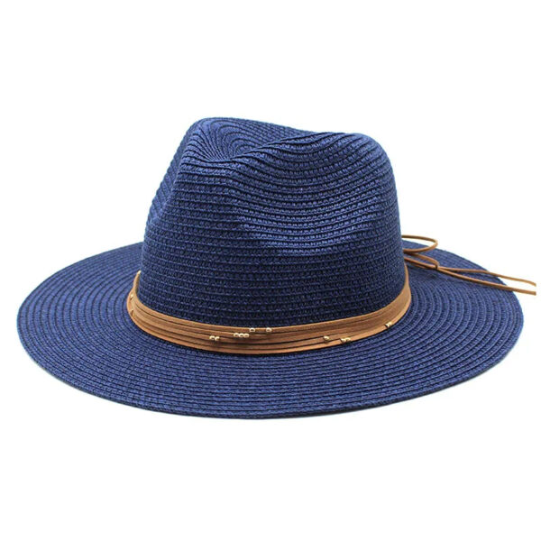 Chapeau Panama à lacets en cuir de couleur bleu