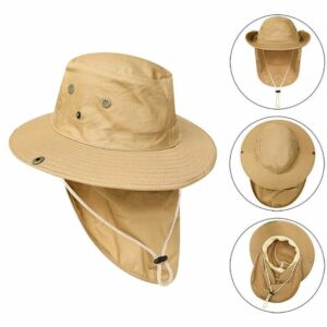 on voit sur un fond blanc un chapeau anti uv avec protection de la nuque de couleur beige pour homme