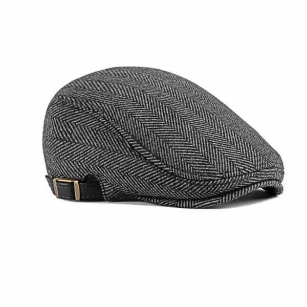 on voit sur un fond blanc un chapeau béret gris habillé pour homme