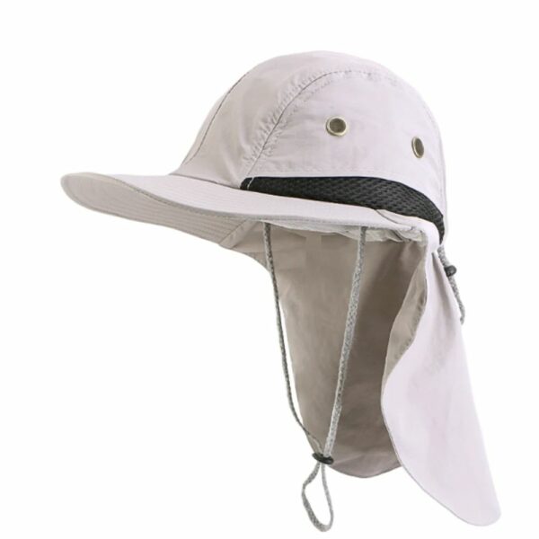 on voit sur un fond blanc un chapeau casquette anti UV avec protection de la nuque unisexe, le chapeau est gris clair.