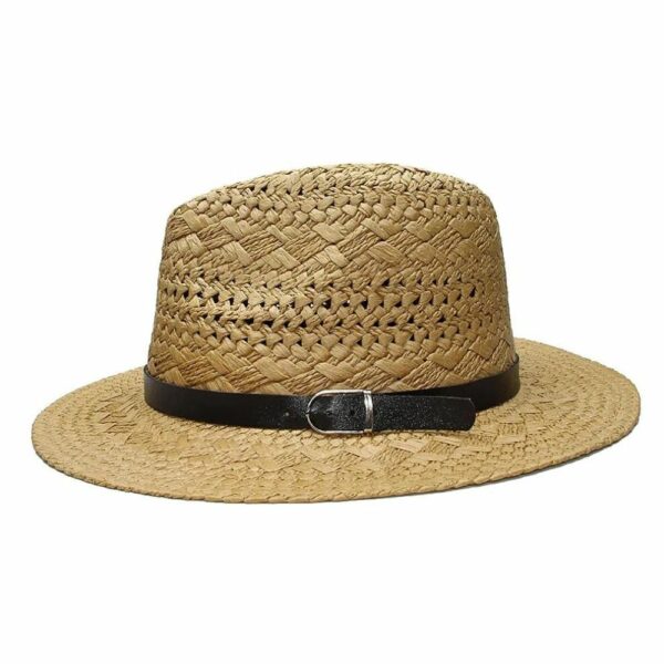 on voit sur un fond blanc un chapeau en raphia dans le style panama unisexe de couleur marron