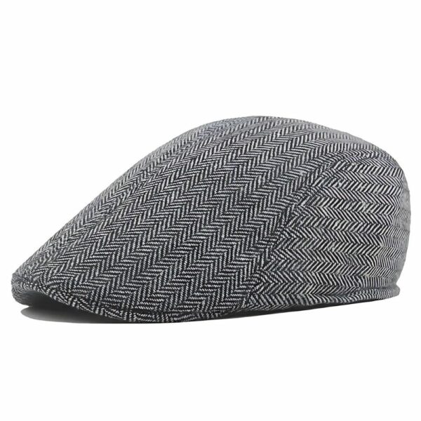 Béret pour mon homme style casquette à motifs chevrons de couleur grise sur fond blanc.